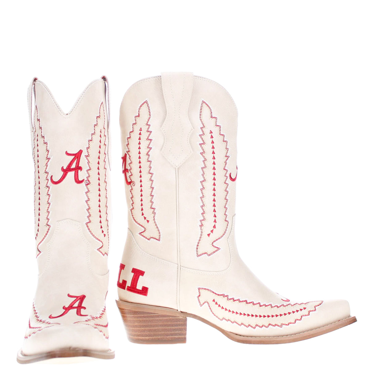 Two white cowboy boots with red embroidery and stitched western pattern details