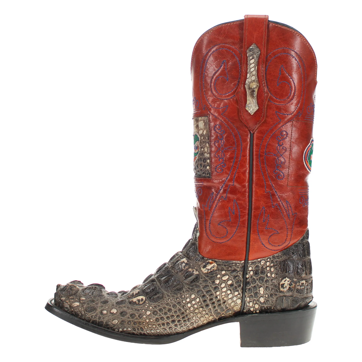 Gunner cowboy boots, red shaft with decorative panels and brown textured foot
