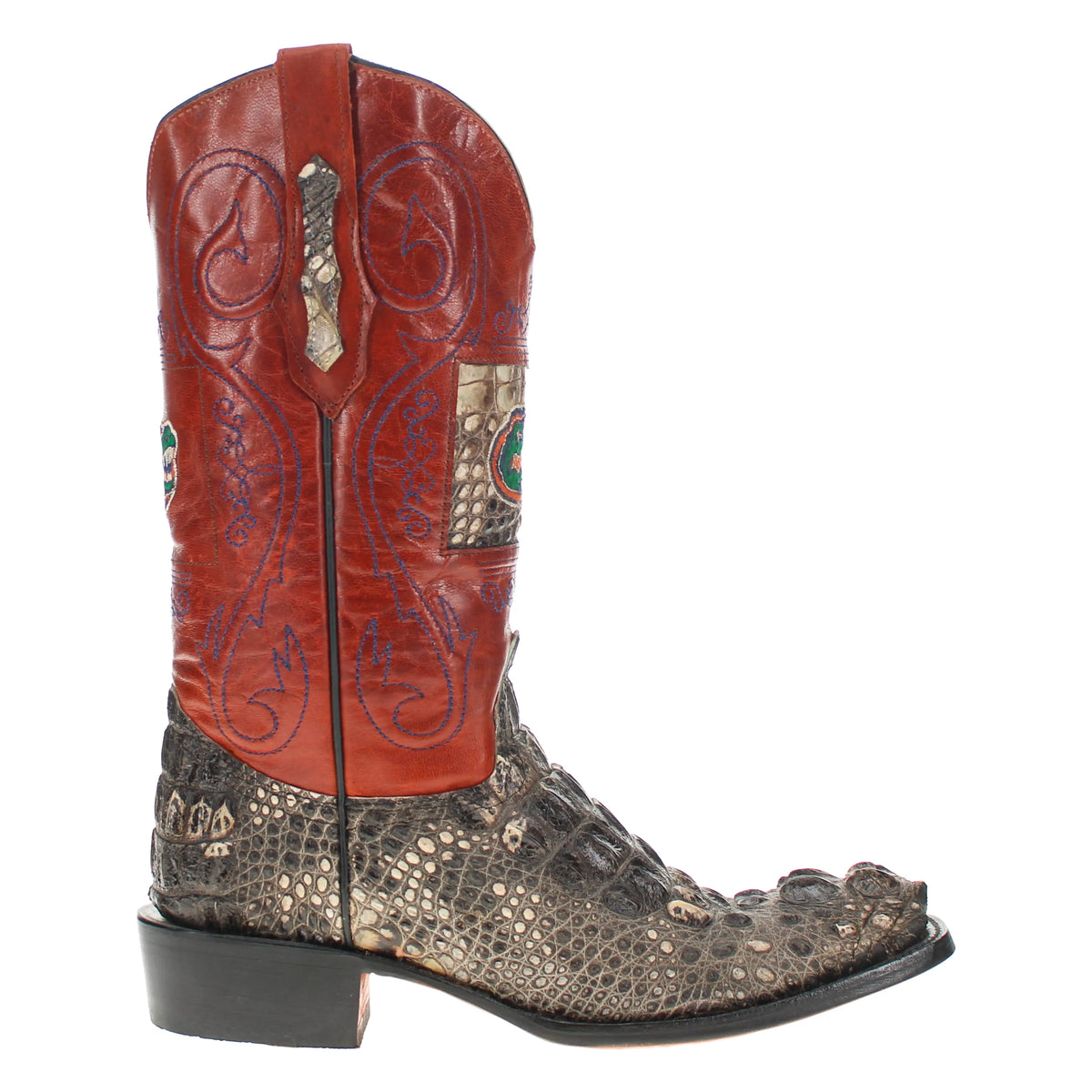 Gunner cowboy boots, red top with decorative emblem and patterned lower shaft