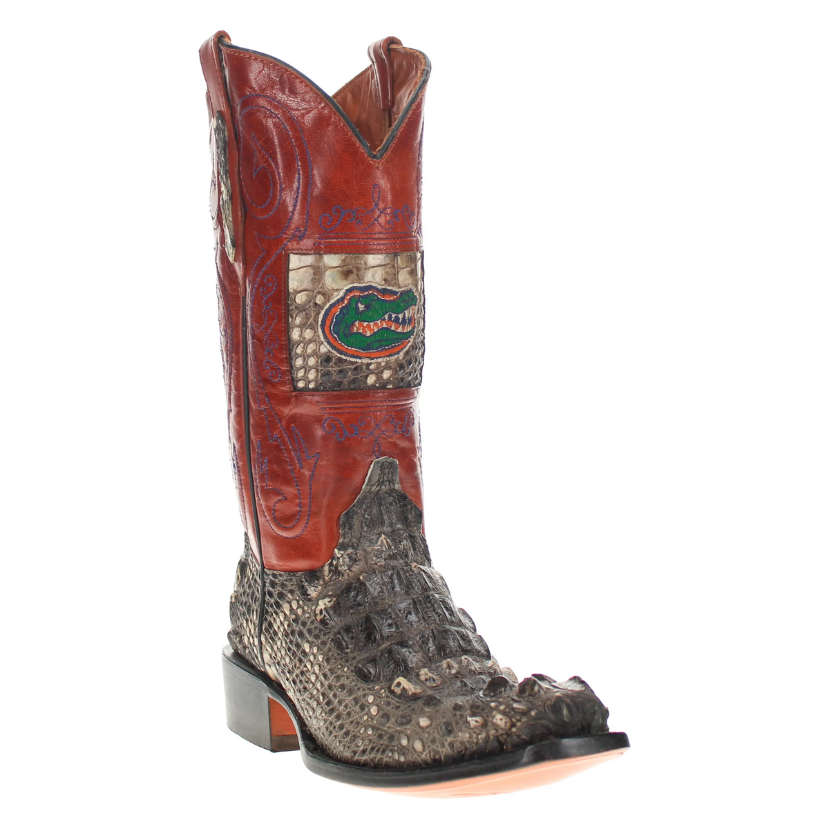 Gunner cowboy boots, red upper with green emblem and textured brown toe