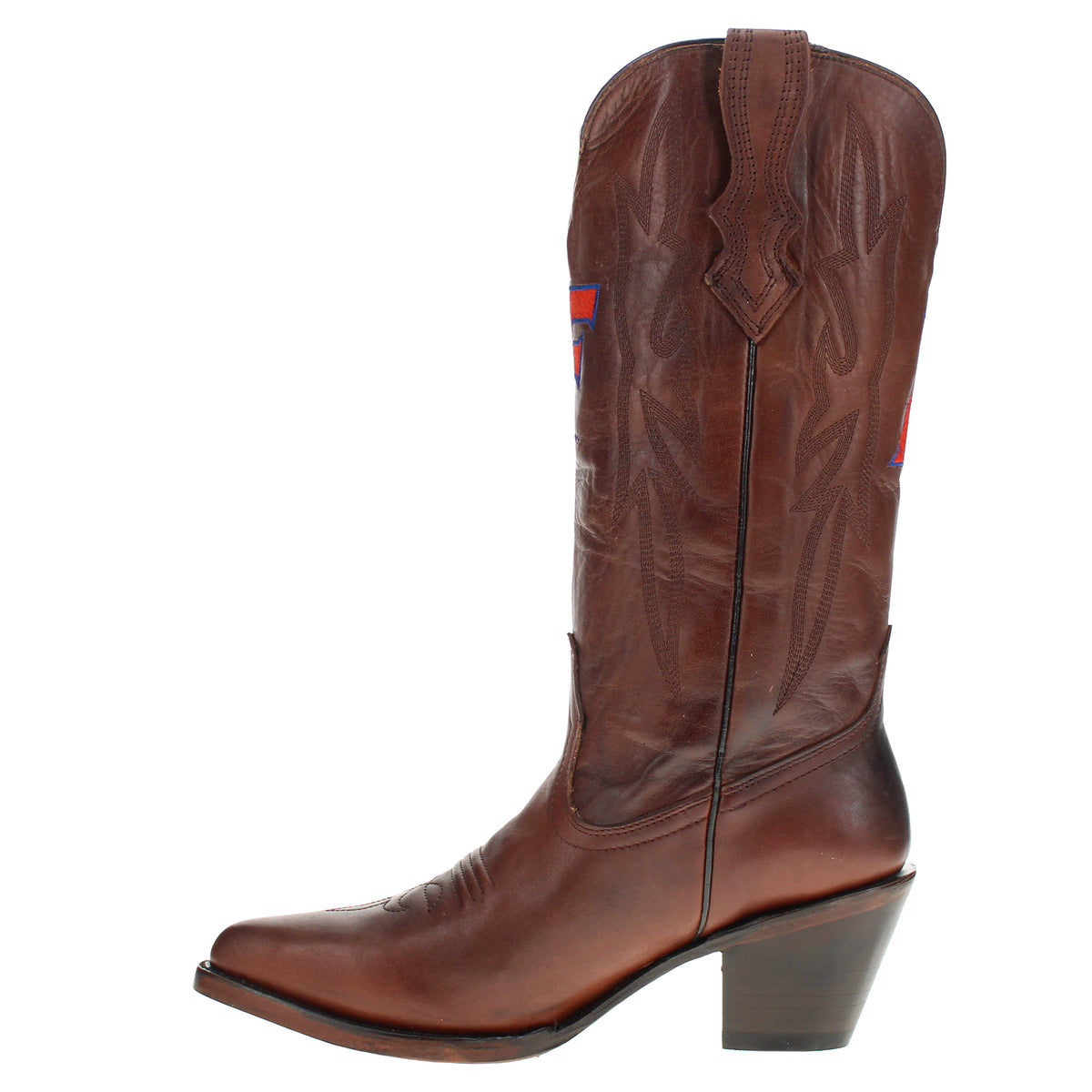 Brown cowboy boots with square-toe detail and stitched shaft seams, side view