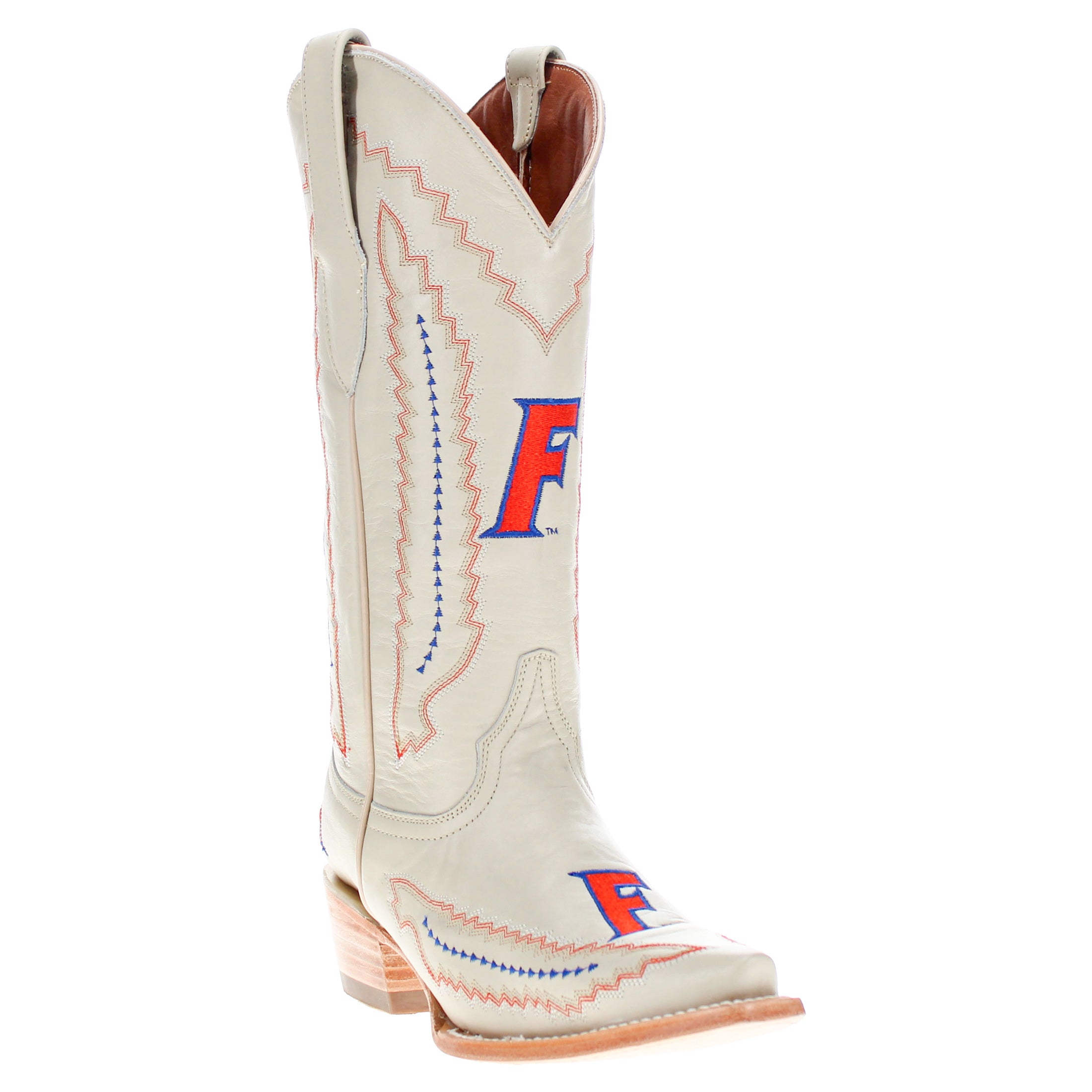 Women's University of Florida Gators Bone Leather Cowgirl Snip Toe Boots by Vaccari