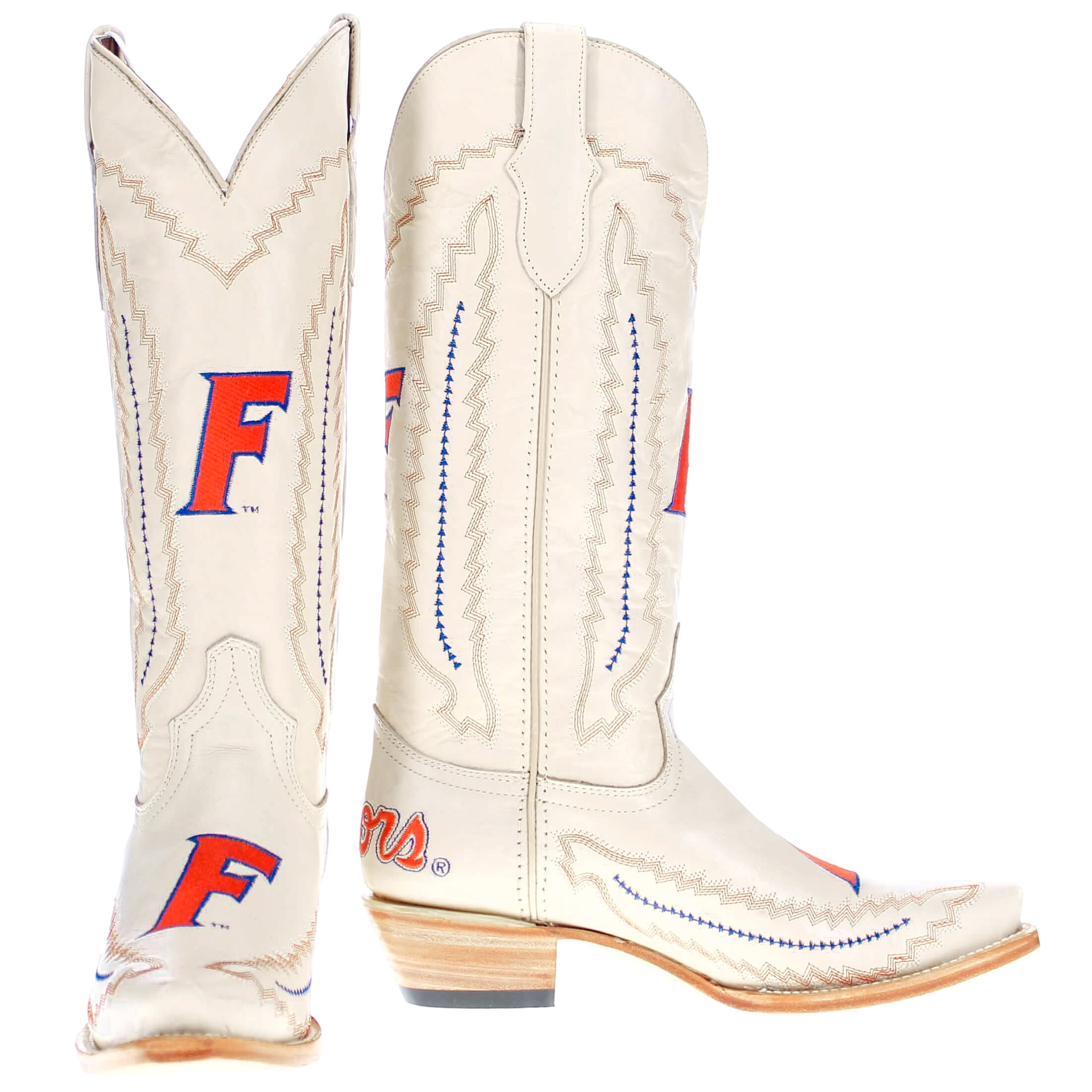 Women's University of Florida Gators Bone Leather Cowgirl Snip Toe Boots by Vaccari