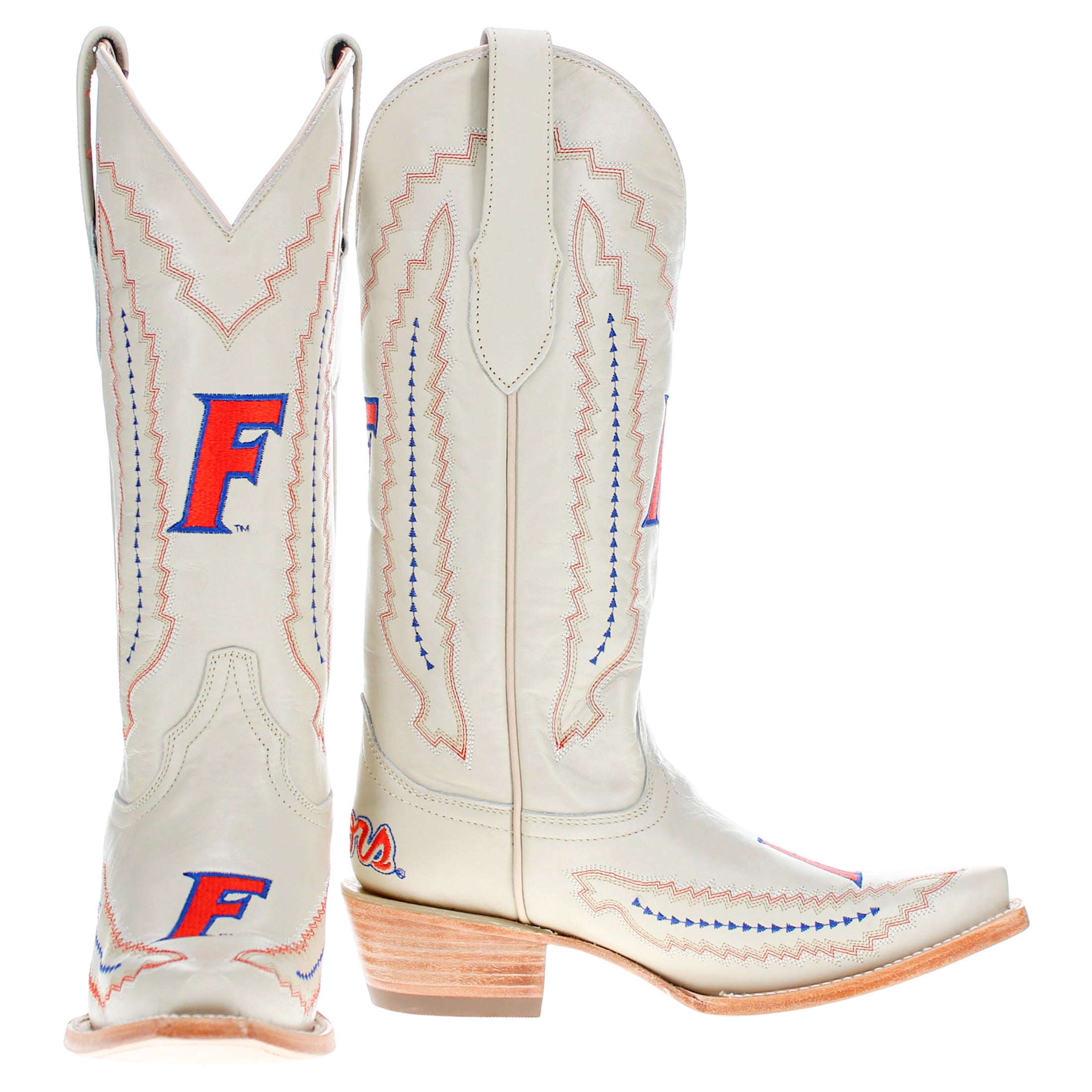 Women's University of Florida Gators Bone Leather Cowgirl Snip Toe Boots by Vaccari