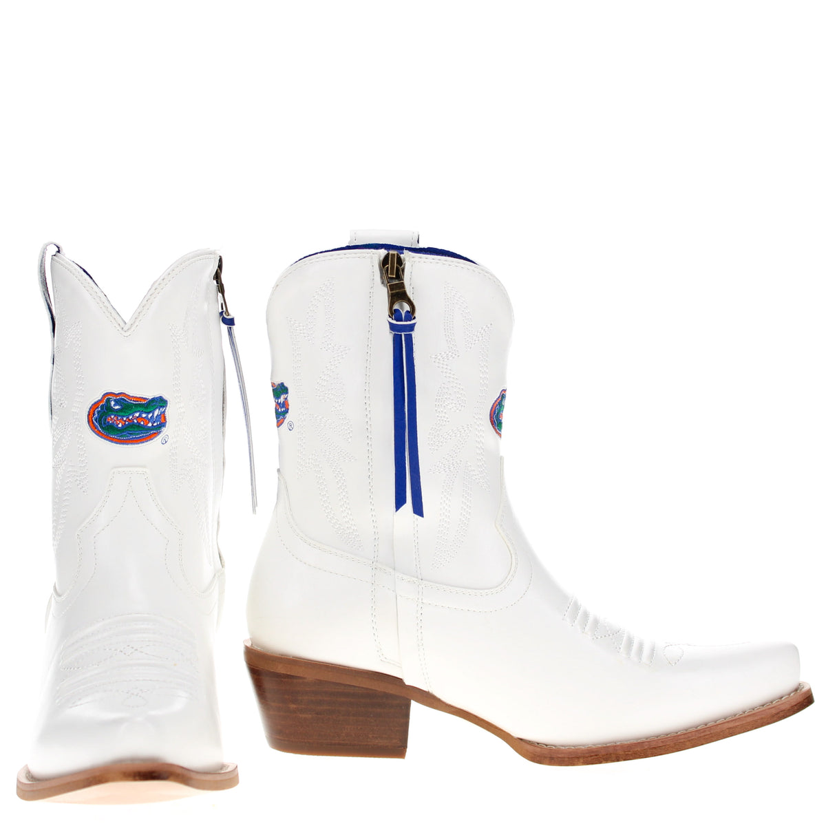 Lynn pair of white cowboy boots with blue tassels and alligator patches, brown heels