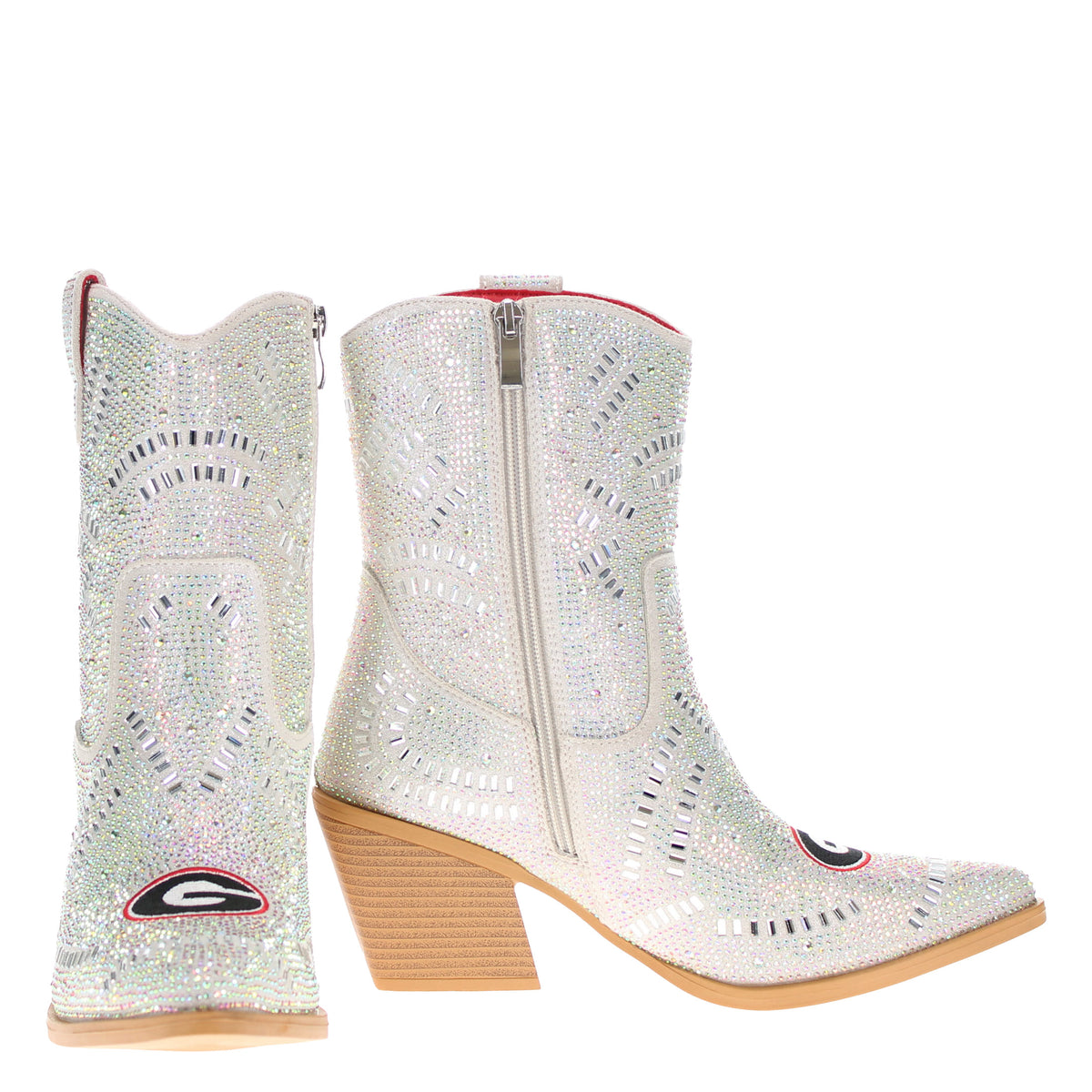 Rhinestone cowboy boots, silver sparkle with side zipper and tan block heel