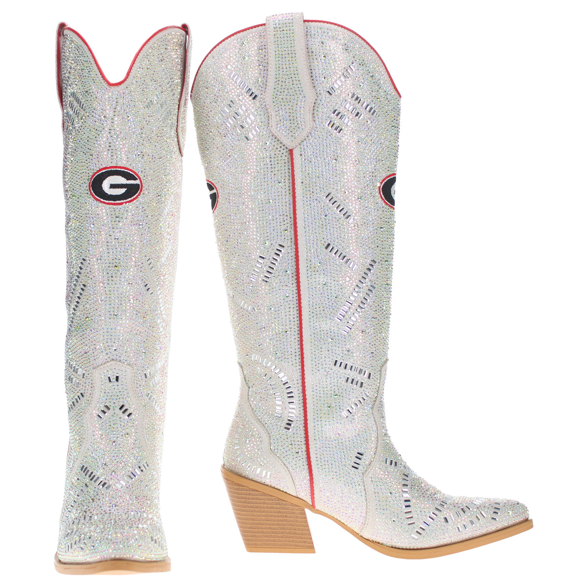 Pair of silver rhinestone cowboy boots with red trim, wood block heels, side logos