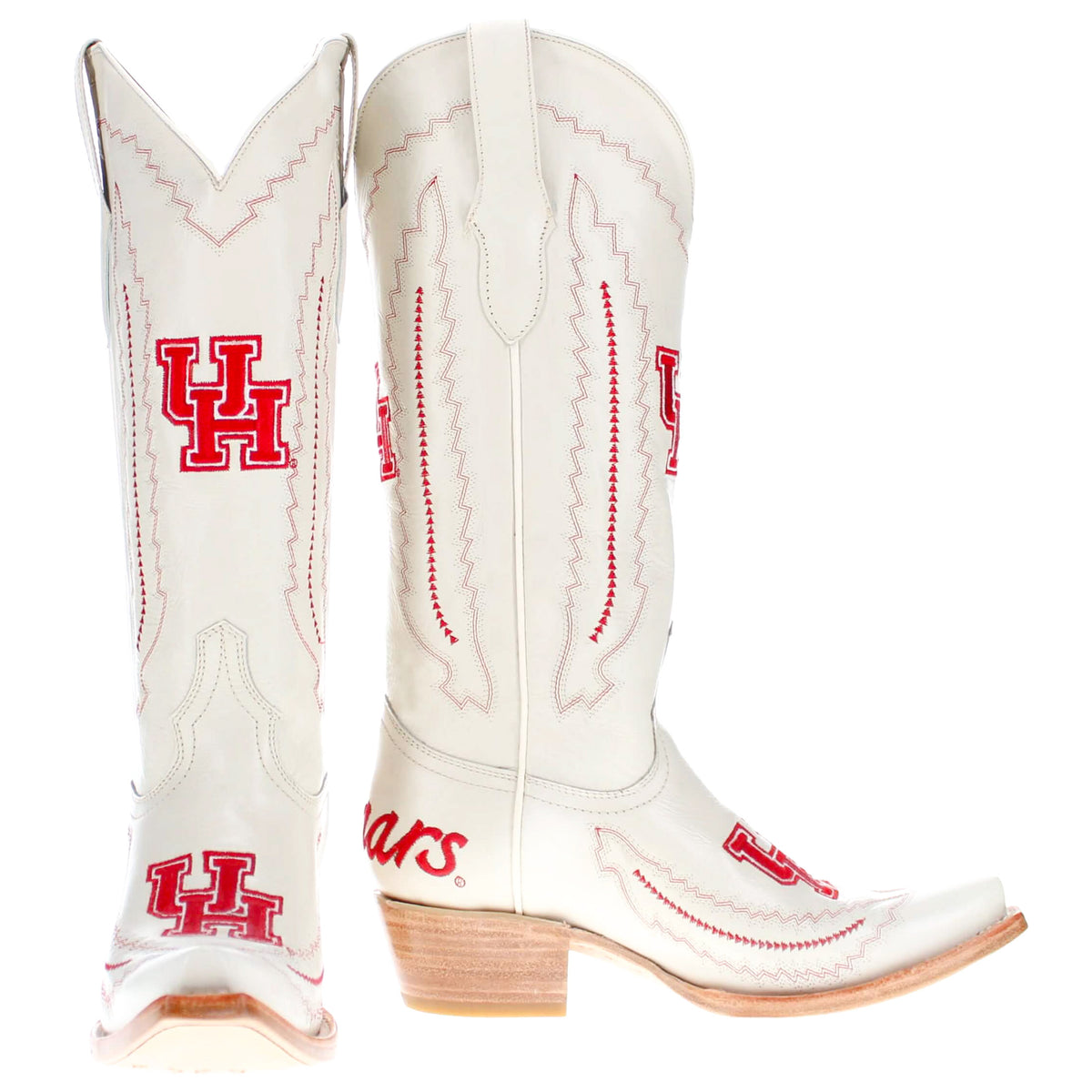 Cream cowboy boots with tall shaft, red H logos, and stitched decorative panels