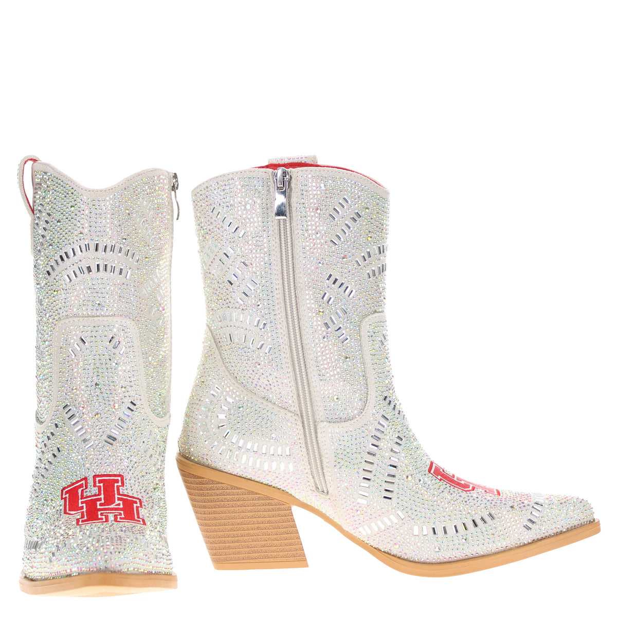 Two rhinestone cowboy boots with red side H logo and tan block heels