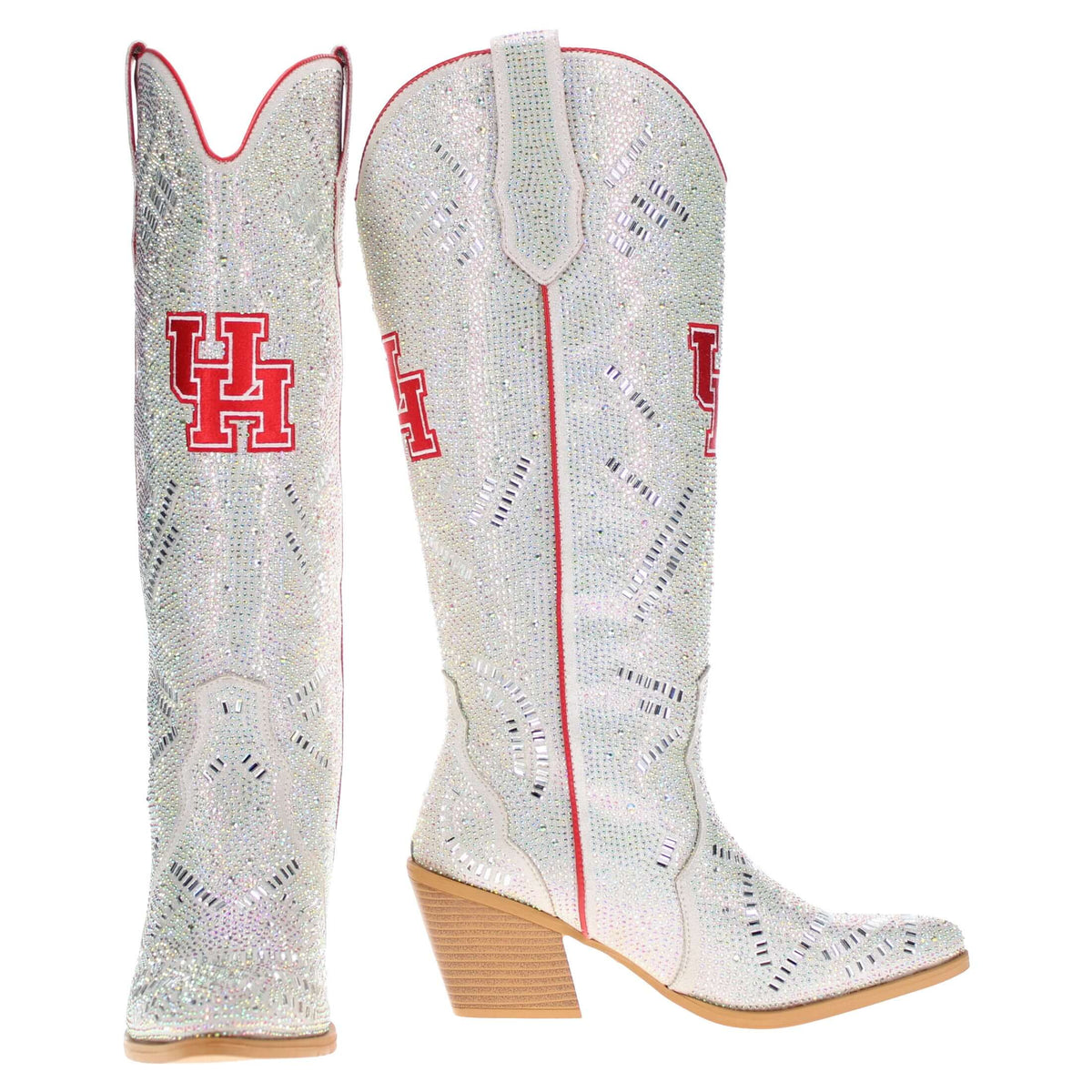 Sparkly white cowboy boots with red-trimmed H logo and block heel
