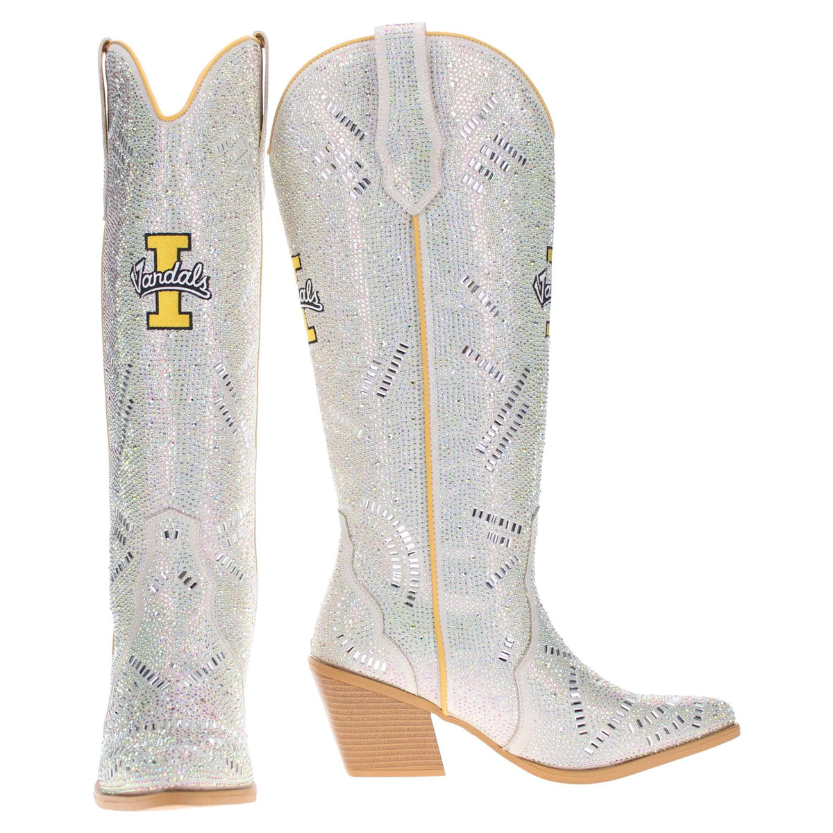 Sparkly rhinestone western boots set, tan heel and light-colored shaft with zipper