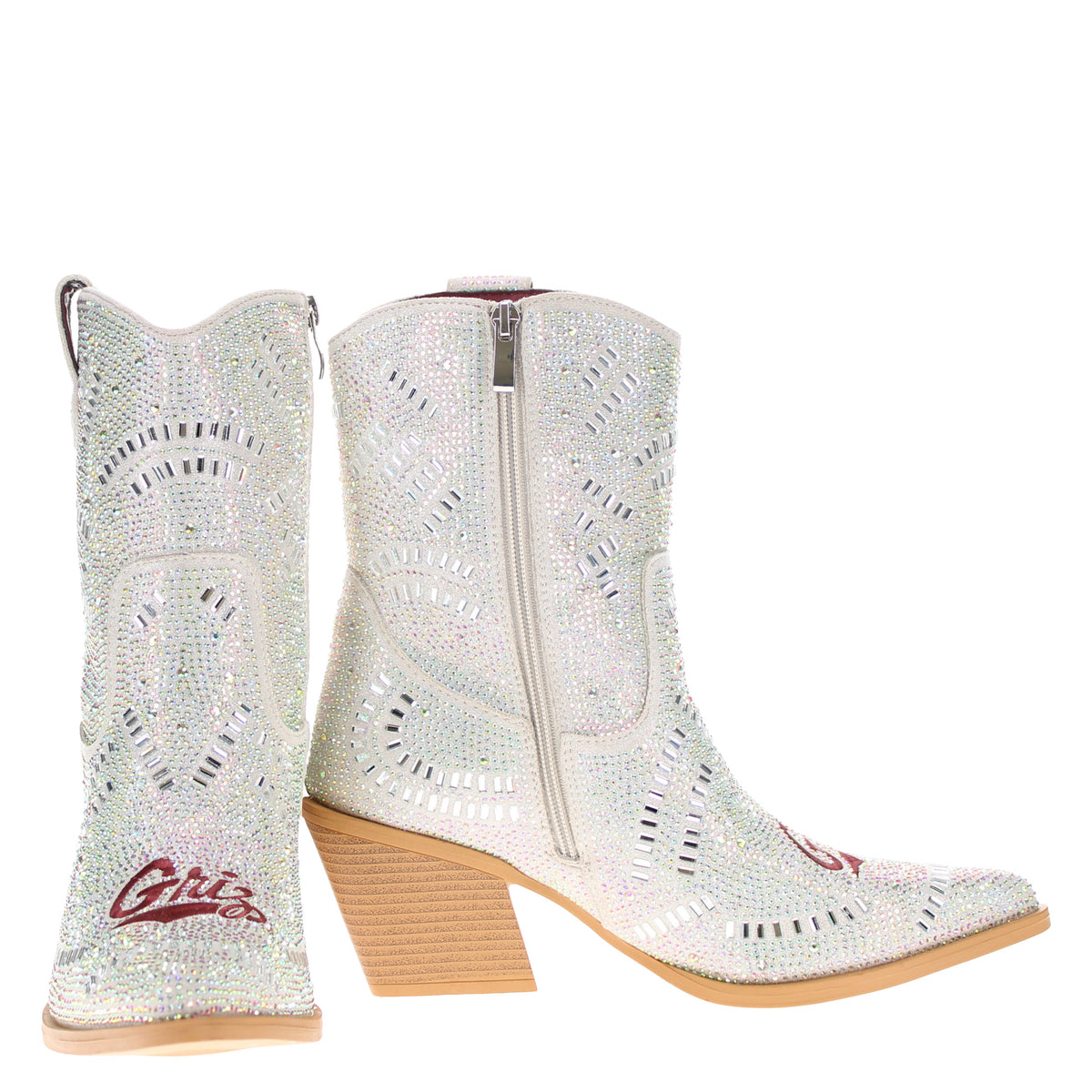 Jade rhinestone cowboy boots with side zipper, pointed toe, tan stacked heel