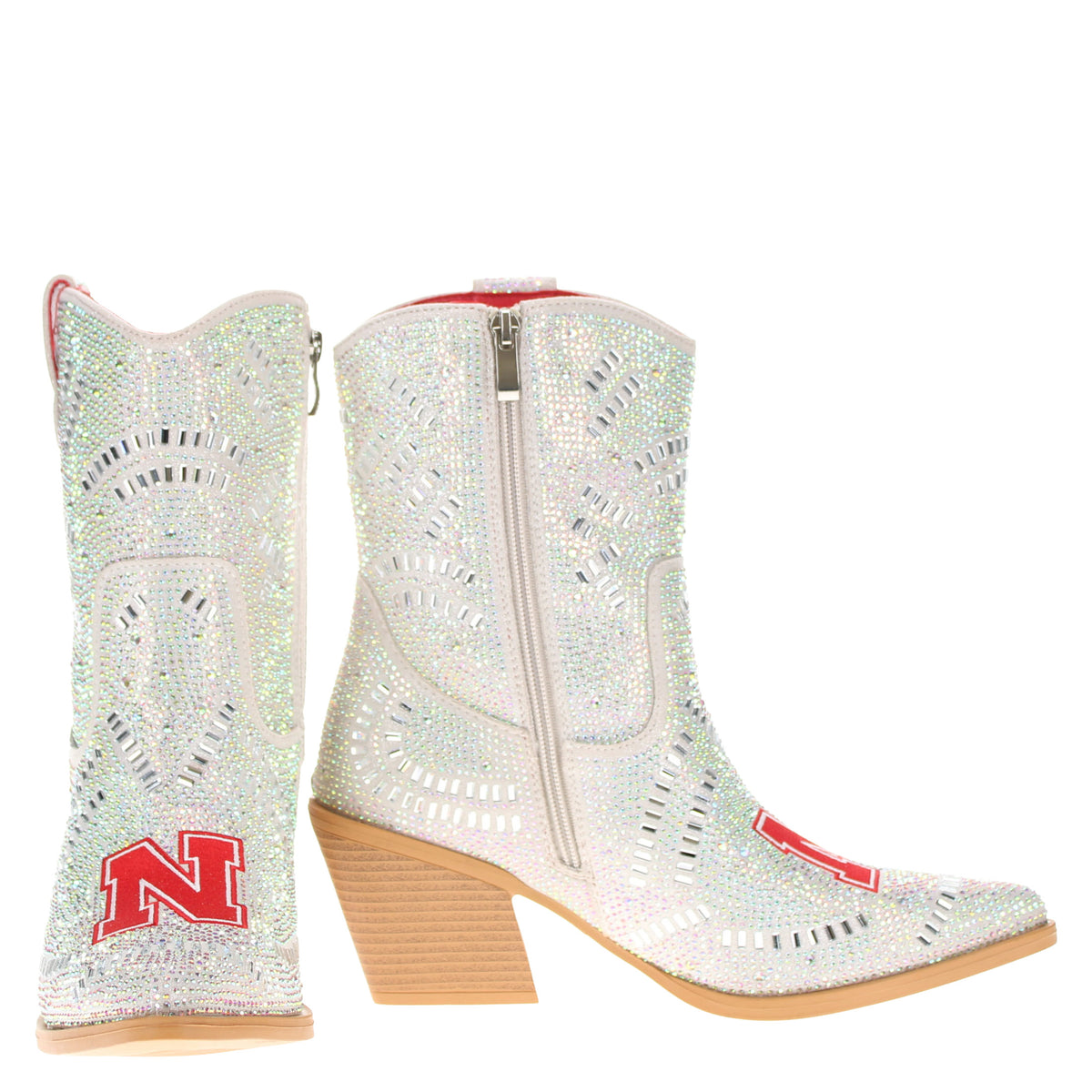 Rhinestone ankle boots with red N logo, side zipper, and tan block heel