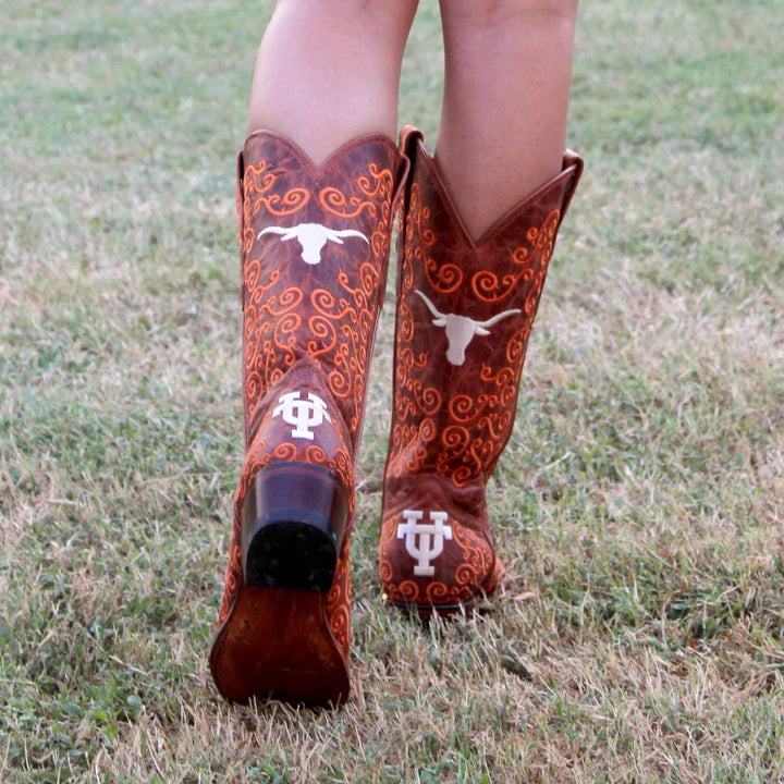 Women's University of Texas Longhorns Cowgirl Boots | Cognac Snip Toe Boots | Officially Licensed | Claire