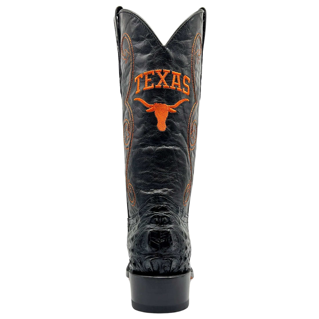 Men's University of Texas Longhorns Black and Burnt Orange JW Toe Hornback American Alligator Cowboy Boots David by Vaccari