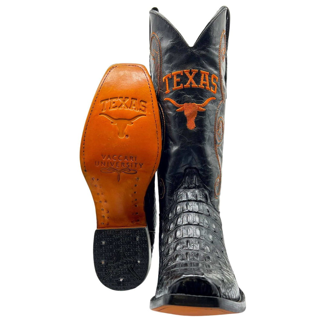 Men's University of Texas Longhorns Black and Burnt Orange JW Toe Hornback American Alligator Cowboy Boots David by Vaccari