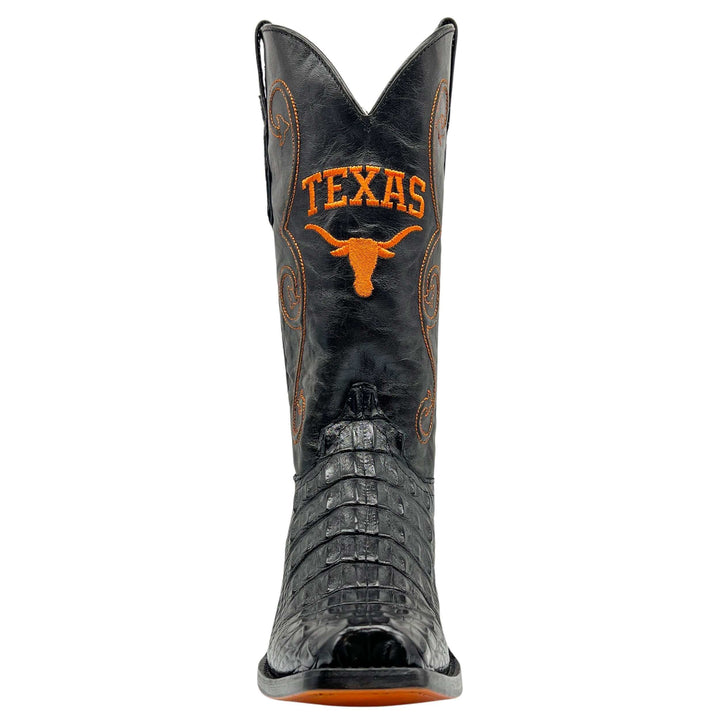 Men's University of Texas Longhorns Black and Burnt Orange JW Toe Hornback American Alligator Cowboy Boots David by Vaccari