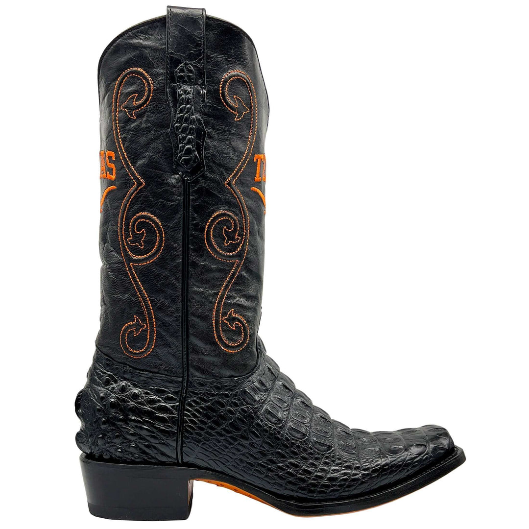 Men's University of Texas Longhorns Black and Burnt Orange JW Toe Hornback American Alligator Cowboy Boots David by Vaccari