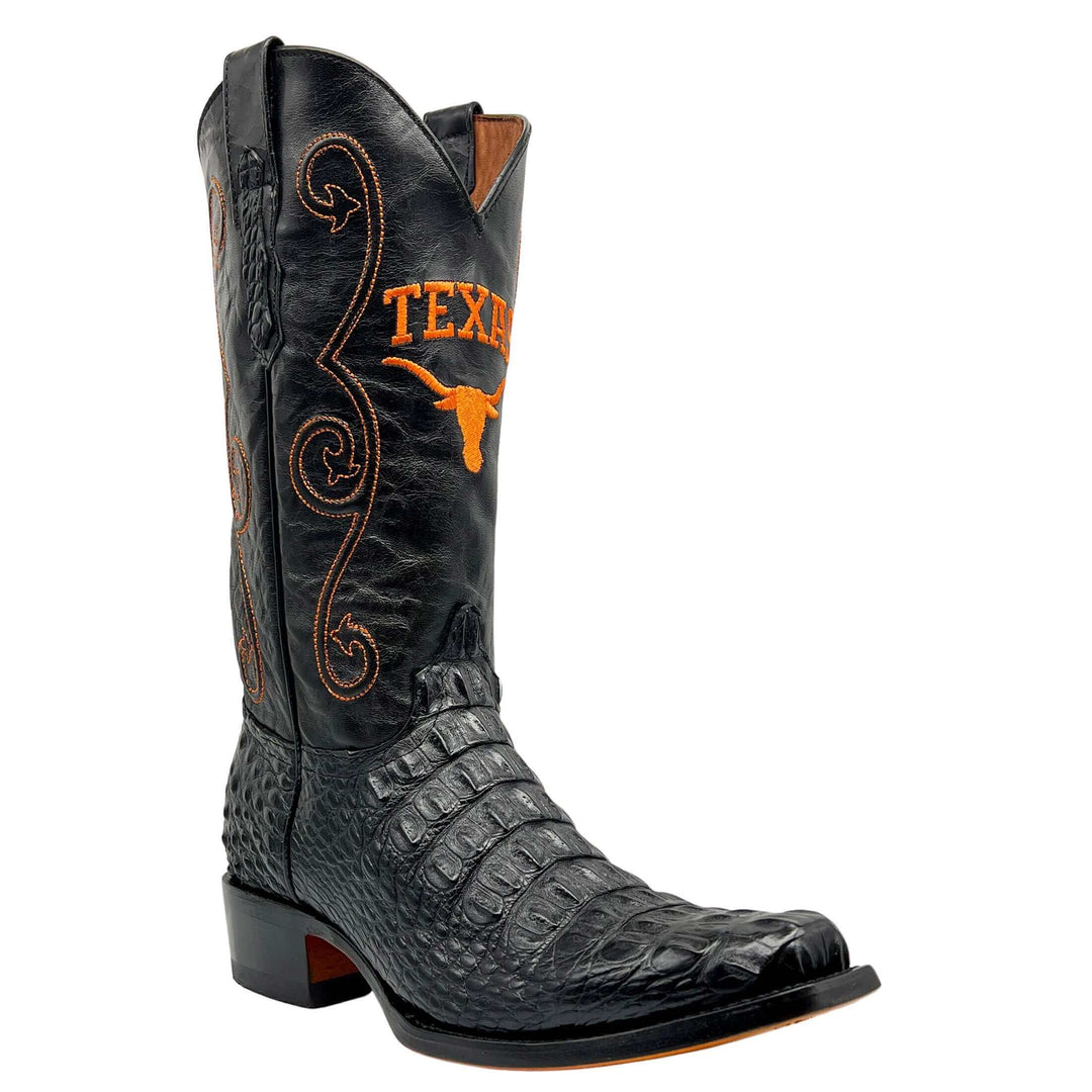 Men's University of Texas Longhorns Black and Burnt Orange JW Toe Hornback American Alligator Cowboy Boots David by Vaccari