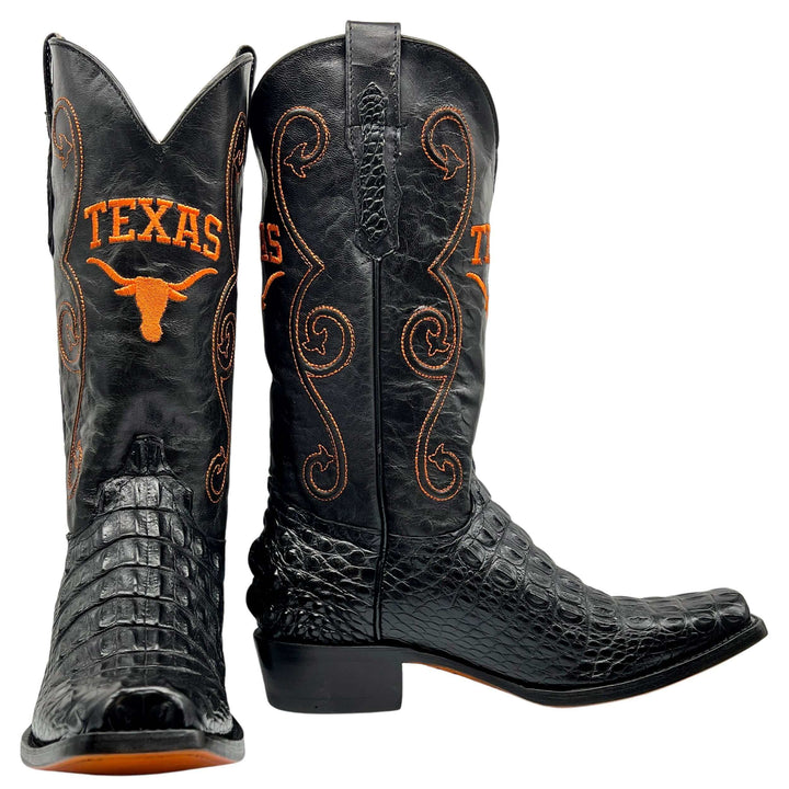 Men's University of Texas Longhorns Black and Burnt Orange JW Toe Hornback American Alligator Cowboy Boots David by Vaccari