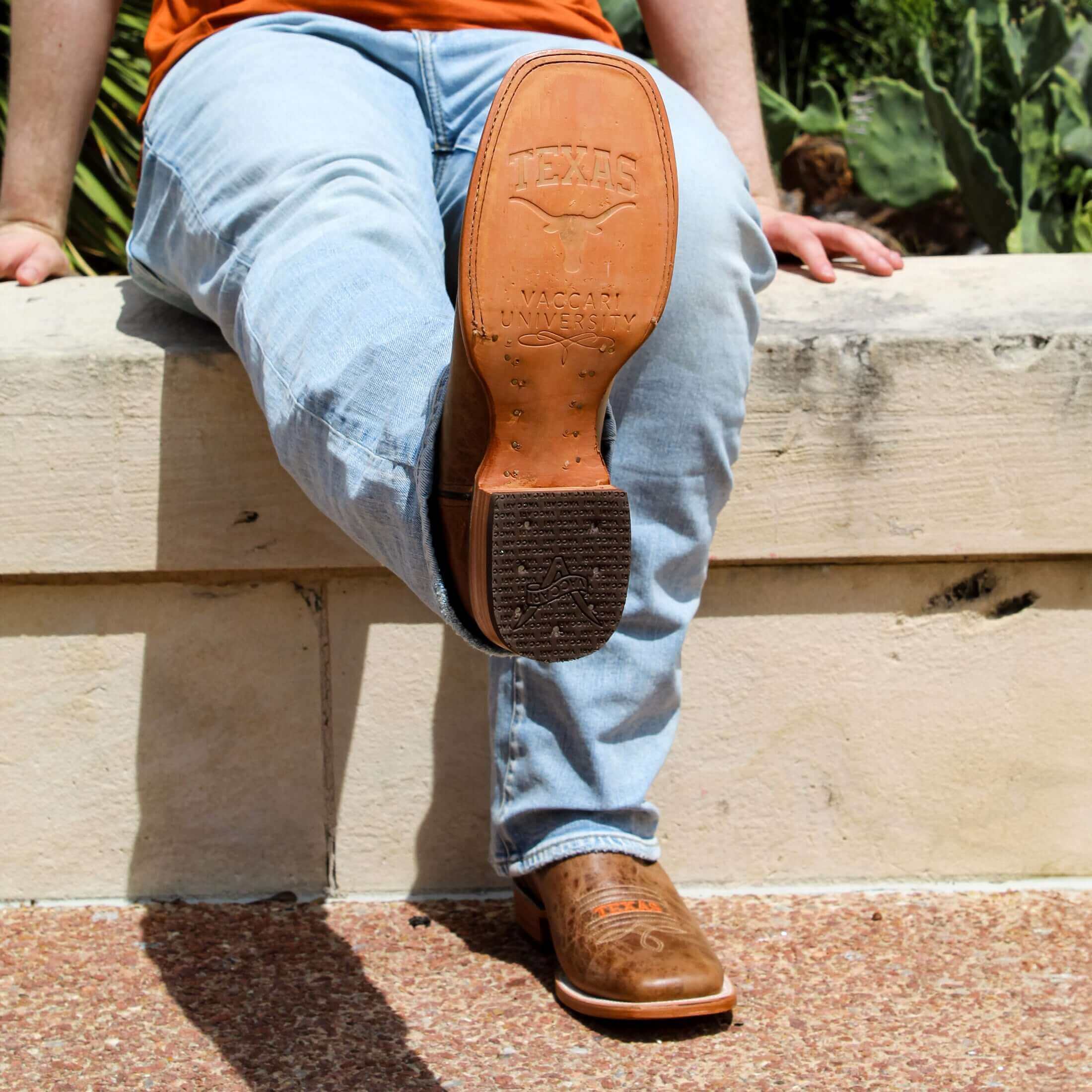 Men's University of Texas Longhorns Tan Leather Square Toe Cowboy Boots by Vaccari
