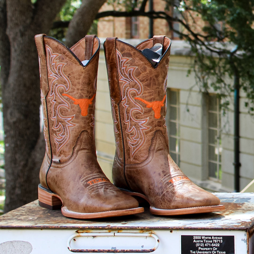 Men's University of Texas Longhorns Tan Leather Square Toe Cowboy Boots by Vaccari