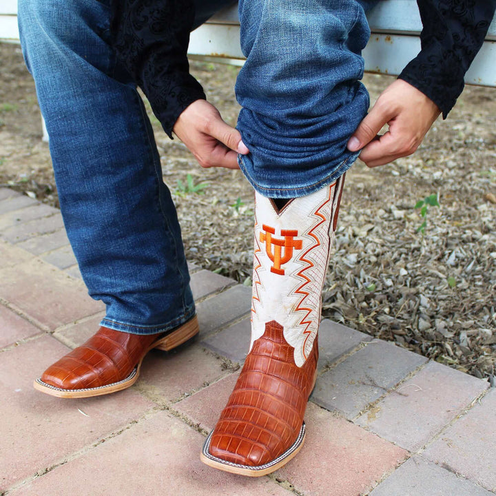 Men's University of Texas Longhorns Cowboy Boots | UT Cognac Square Toe American Alligator Boots | Officially Licensed | Parker
