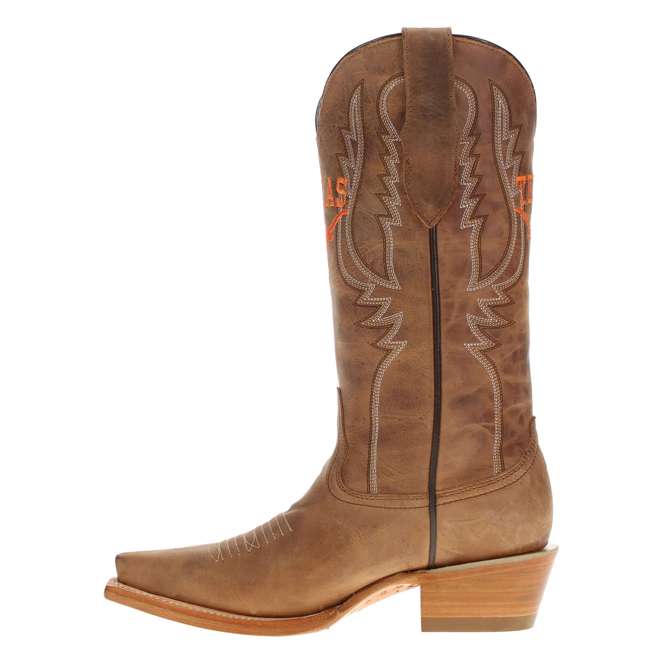 Women's University of Texas Longhorns Tan Leather Snip Toe Cowgirl Boots by Vaccari