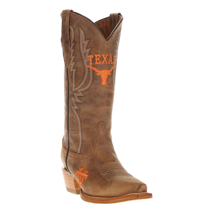 Women's University of Texas Longhorns Tan Leather Snip Toe Cowgirl Boots by Vaccari