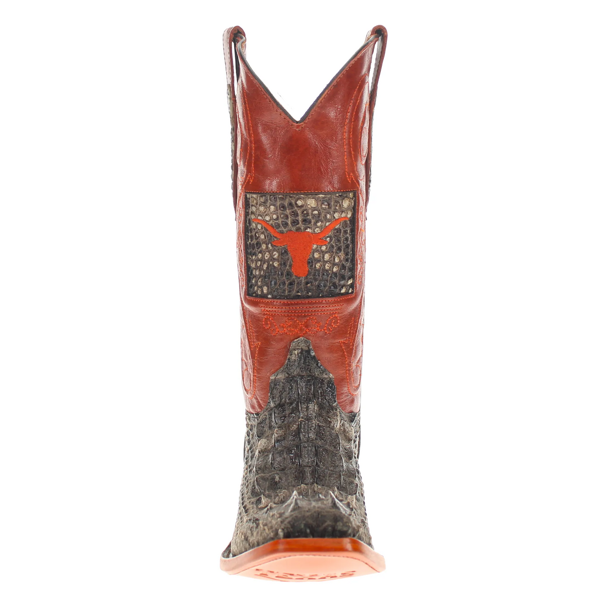 Western cowboy boot with orange-red leather shaft and dark patterned lower