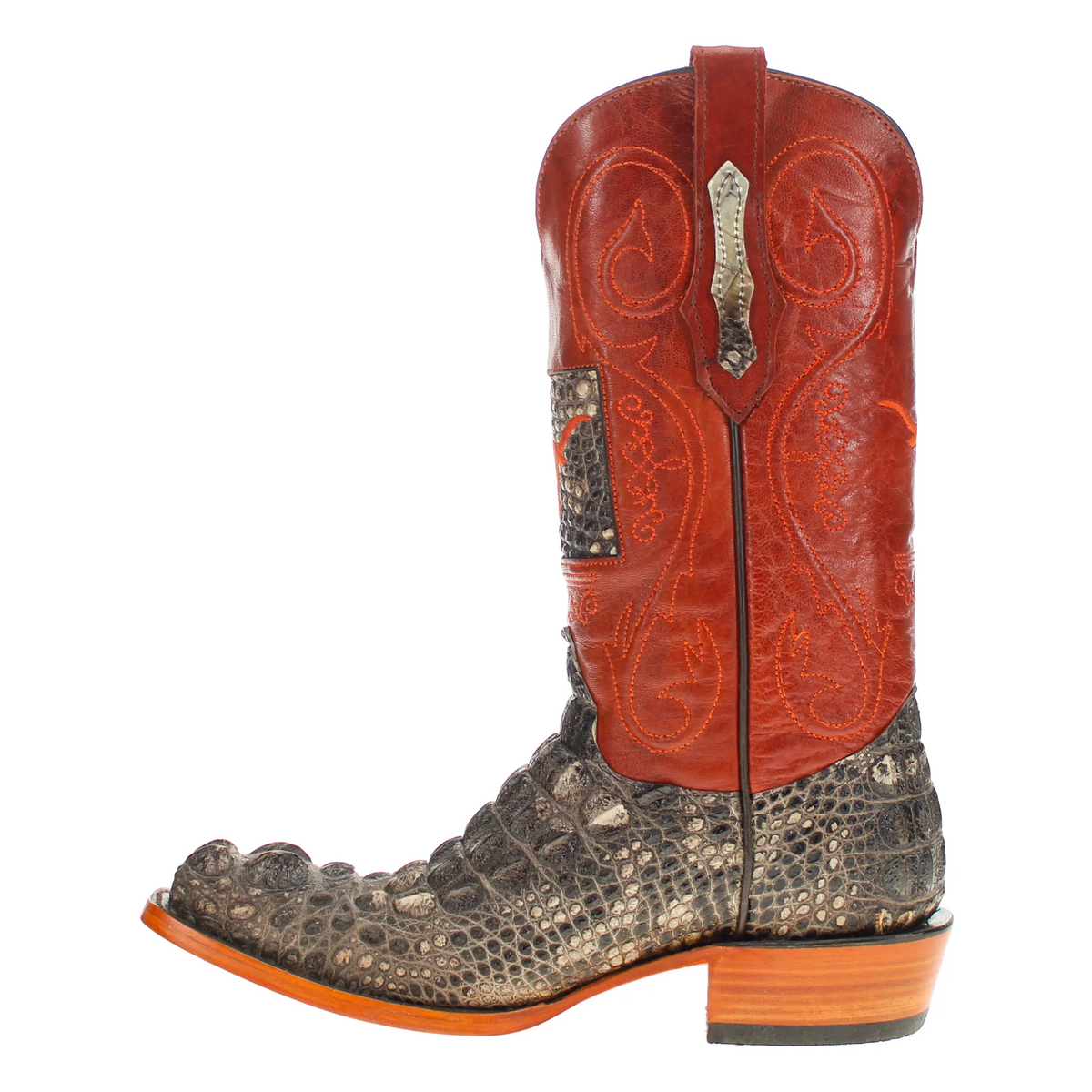 Western cowboy boot in orange-red upper with dark reptile-pattern toe and heel