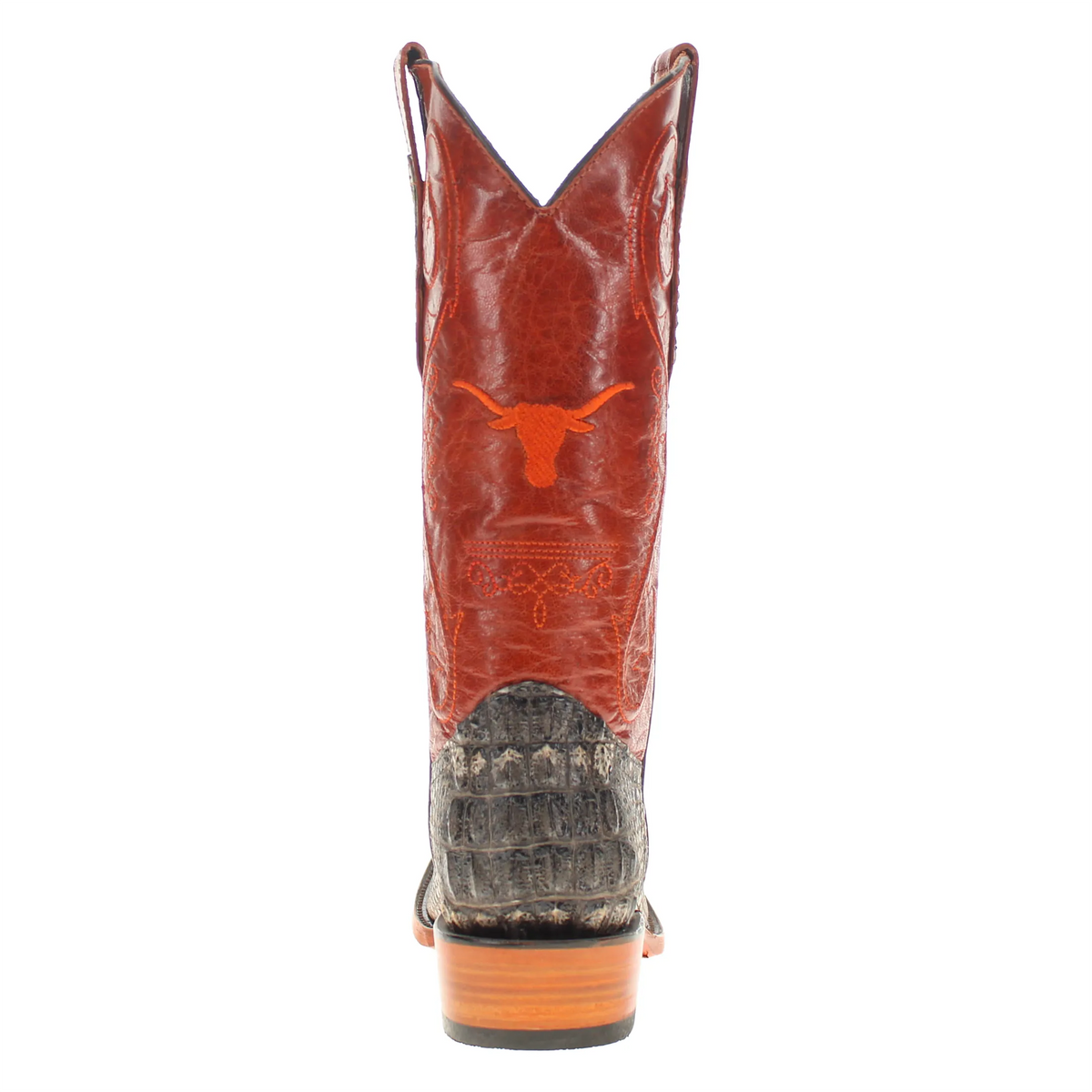 Western cowboy boot with orange-red shaft and dark textured lower with pull straps
