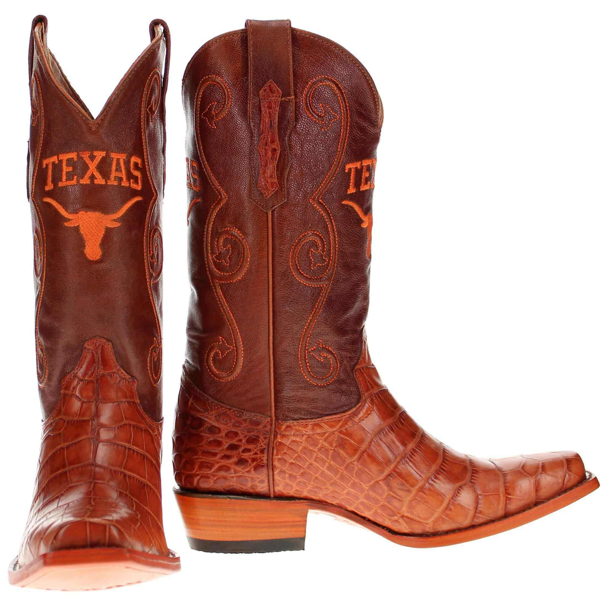 James boots, pair view with 'TEXAS' logos and crocodile-texture uppers in brown