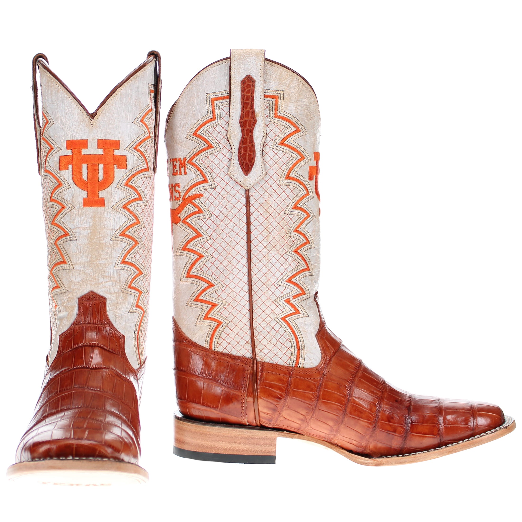 Men's University of Texas Longhorns Cowboy Boots | UT Cognac Square Toe American Alligator Boots | Officially Licensed | Parker