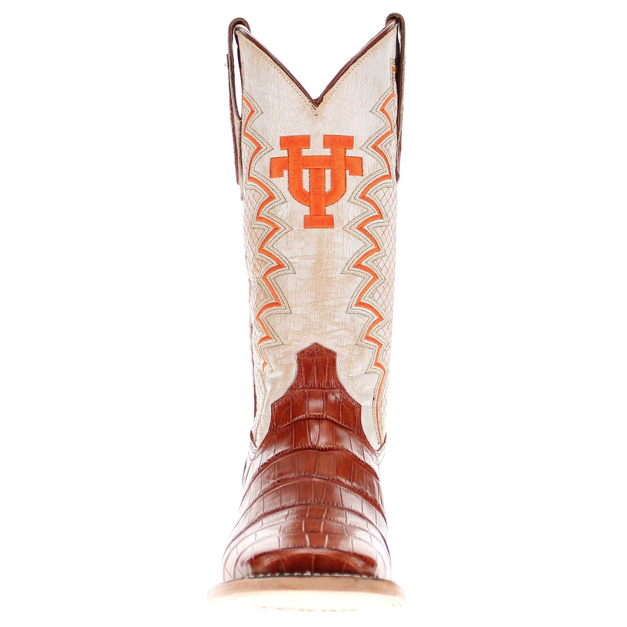 Men's University of Texas Longhorns Cowboy Boots | UT Cognac Square Toe American Alligator Boots | Officially Licensed | Parker