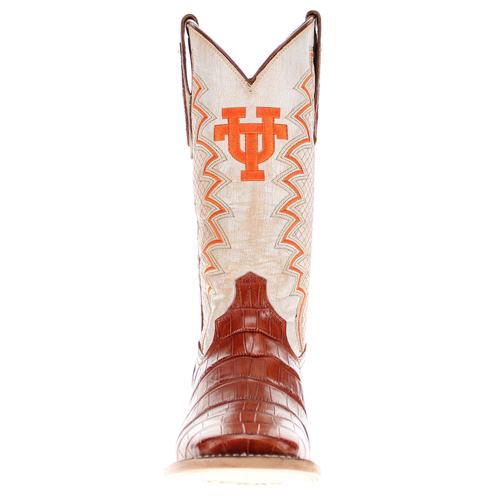 Men's University of Texas Longhorns Cowboy Boots | UT Cognac Square Toe American Alligator Boots | Officially Licensed | Parker