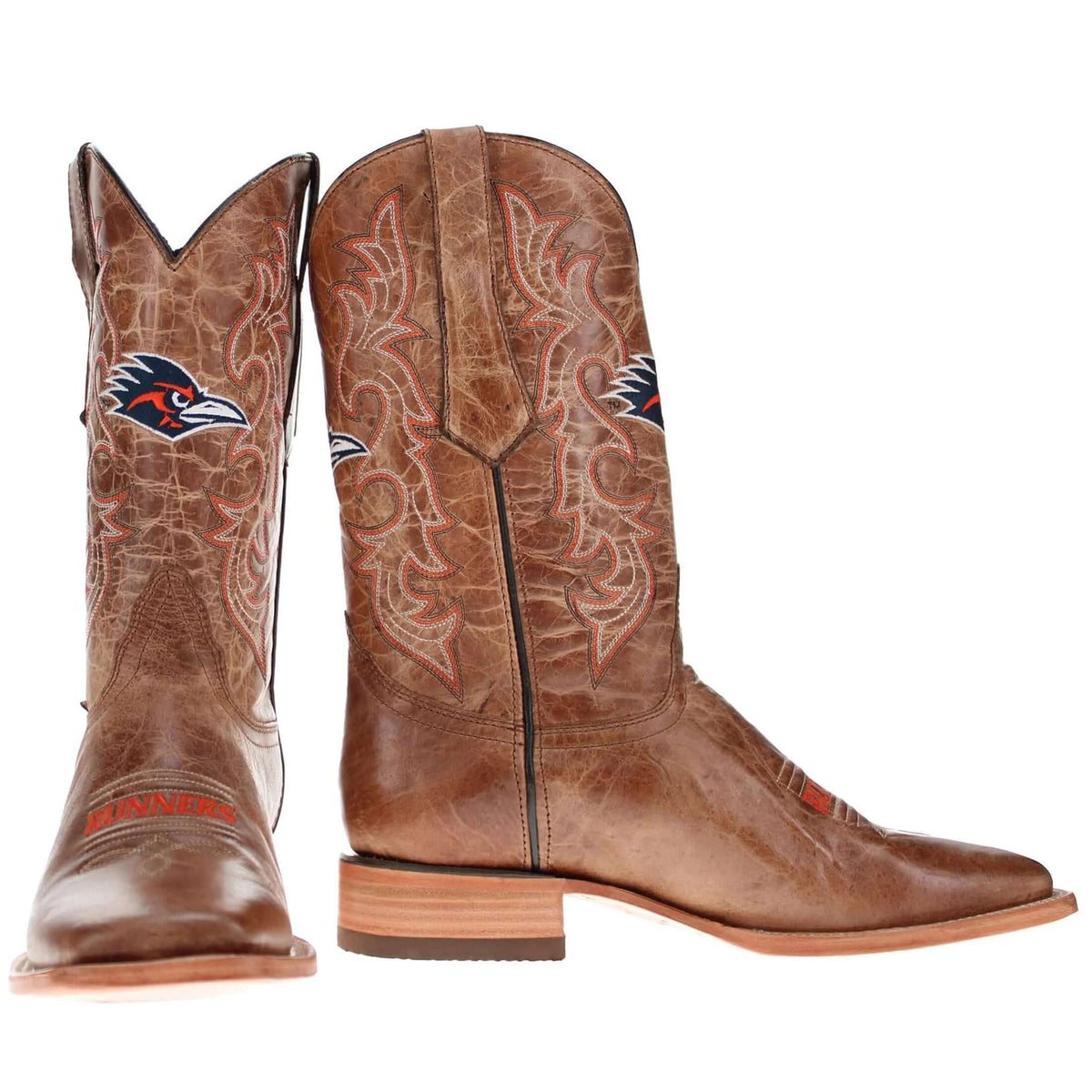 Pair of brown western cowboy boots with embroidered shafts and RUNNERS logo on toes