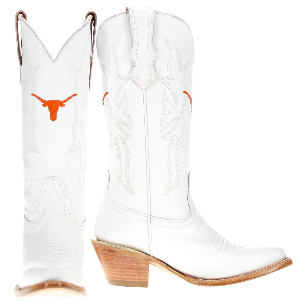 Pair of white cowboy boots showing orange longhorn logo and tan heels