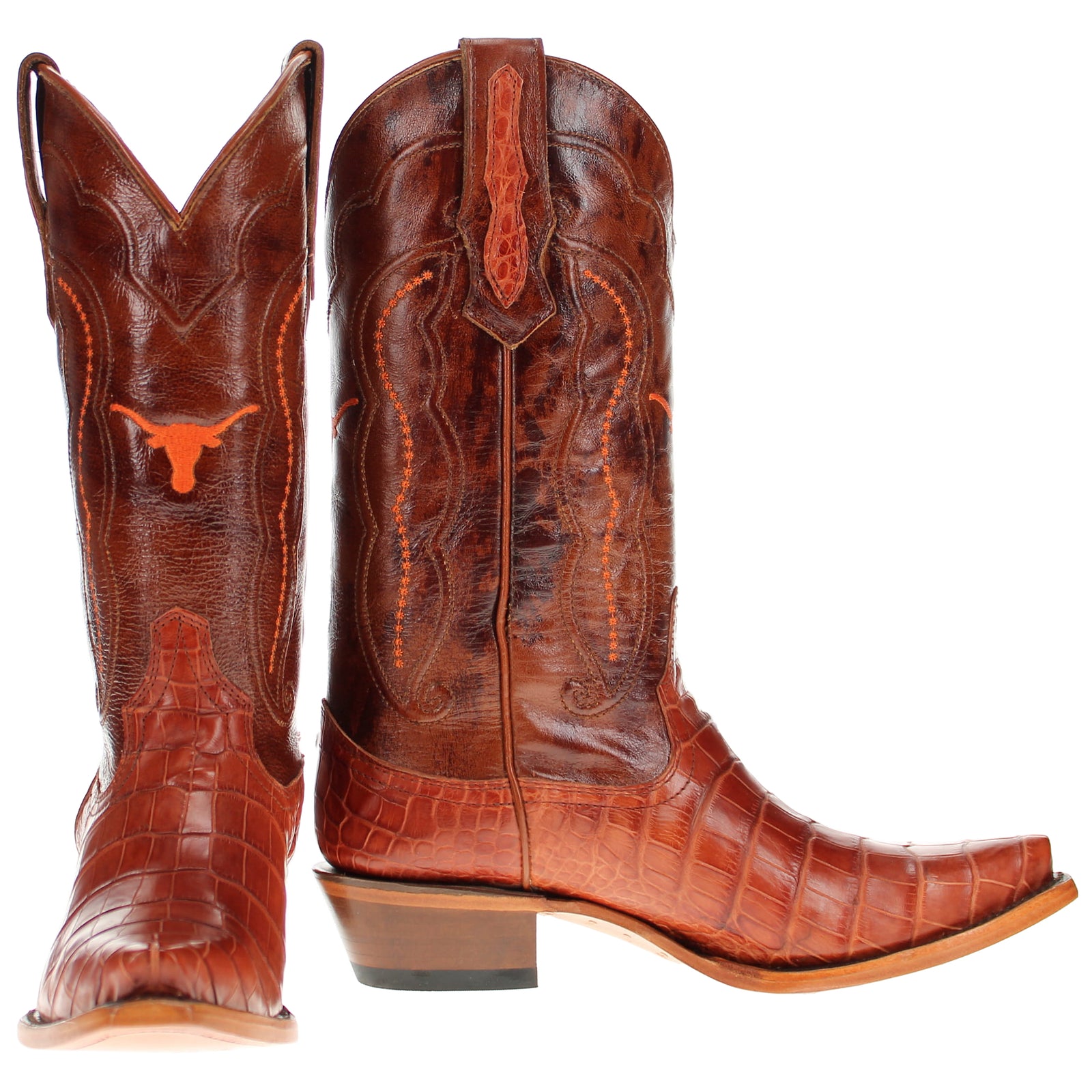 Women's University of Texas Burnt Orange Cognac American Alligator Snip Toe Cowgirl Boots Olivia by Vaccari