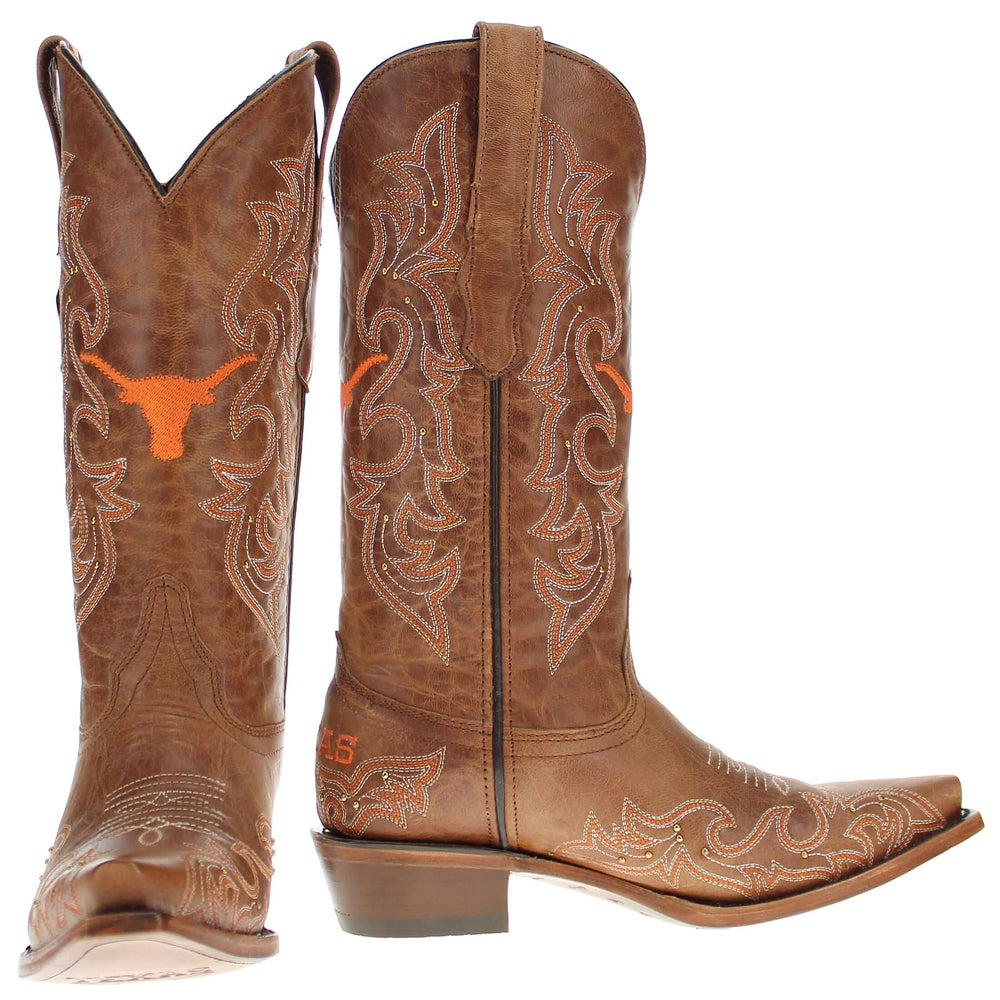 Women's University of Texas Longhorns Cowgirl Boots | Gold studs Tan Snip Toe Boots | Officially Licensed | Annie