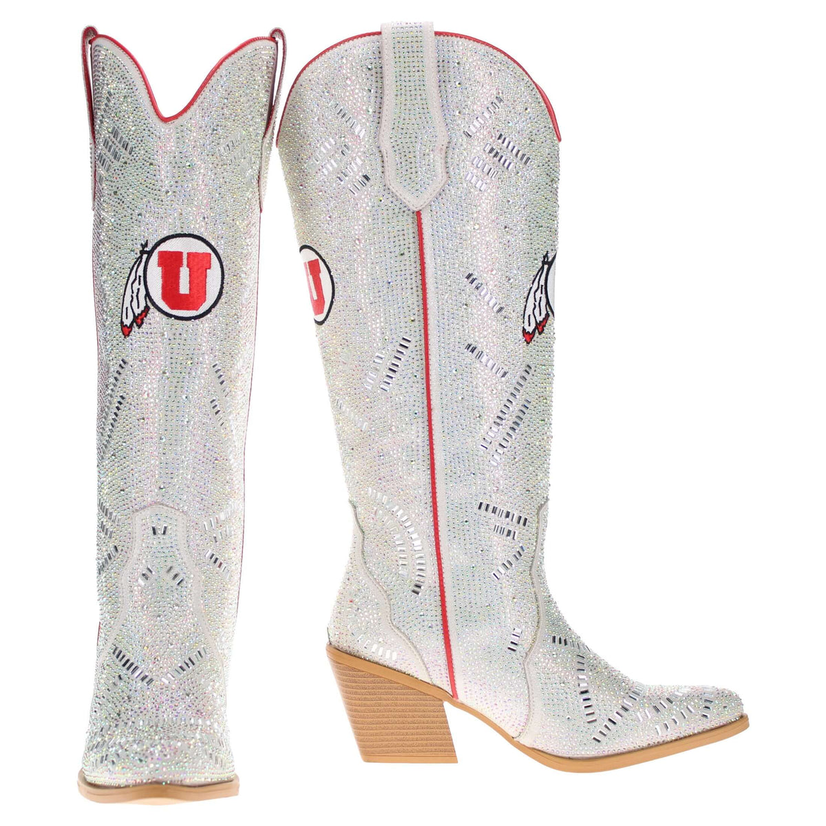 Silver rhinestone cowboy boots with red trim, U logo, and tan block heels