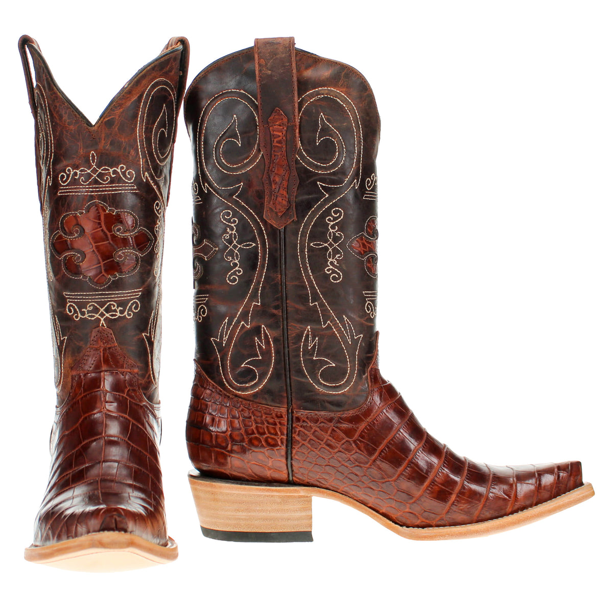 Brown leather cowboy boots with ornate western stitching and stitched shaft detail