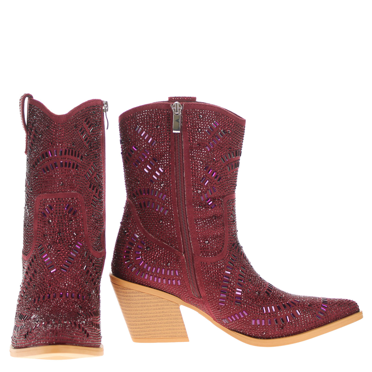 Pair of burgundy embellished cowboy boots with side zipper and chunky block heels