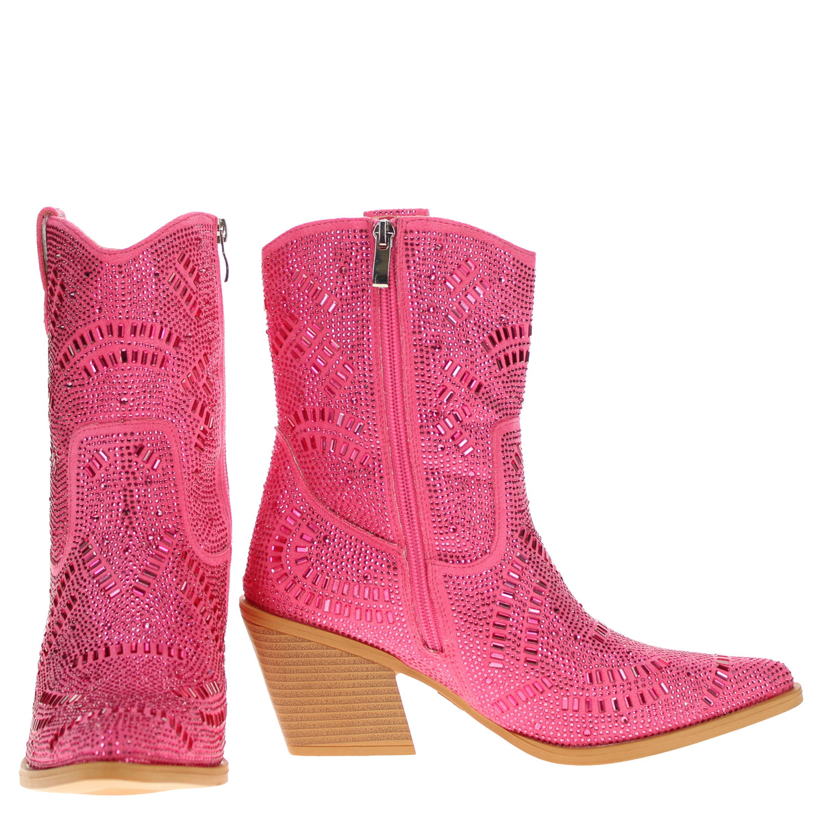 Pink rhinestone cowboy boots, pair view with side zipper and block heel
