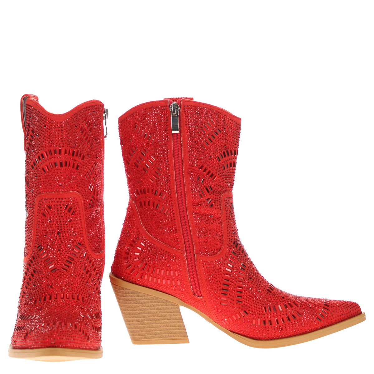 Pair of red ankle boots with pointed toes, side zippers, and tan block heels