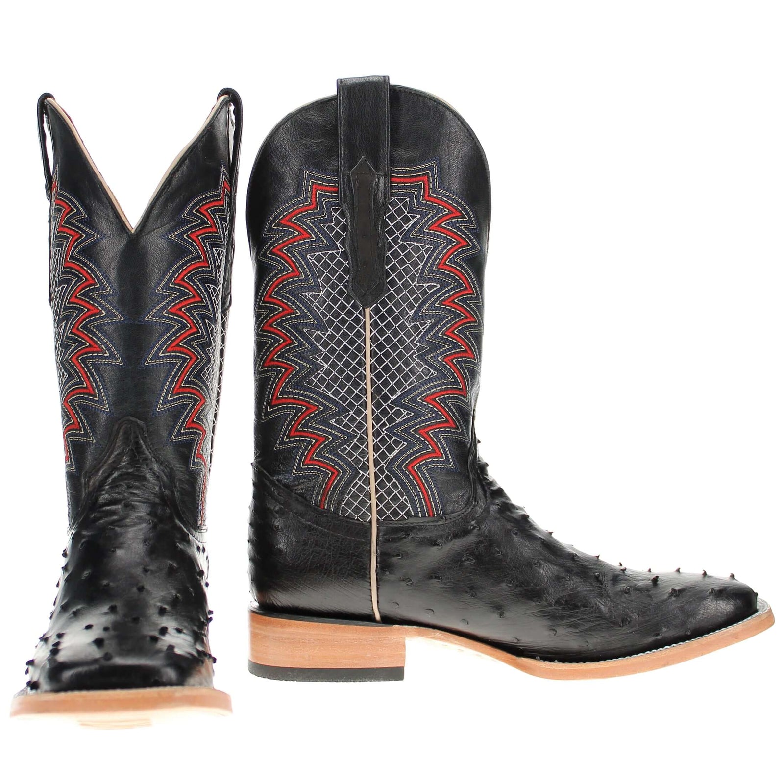 Mens Vaccari Black Full Quill Ostrich Broad Square Toe Boots