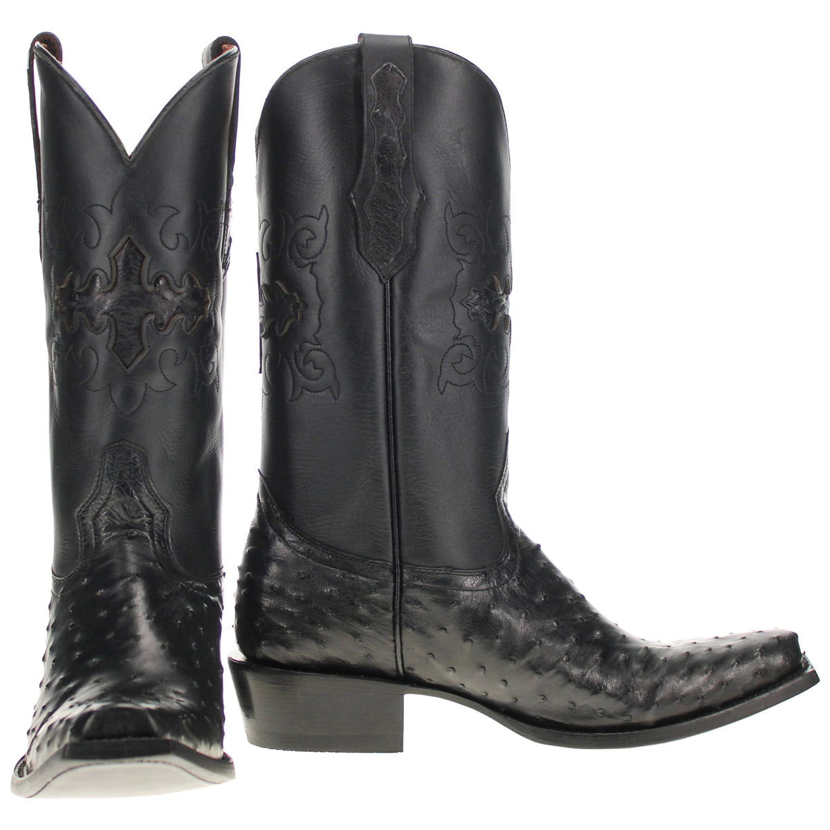Pair of black cowboy boots with embossed pattern, western toe, and block heel