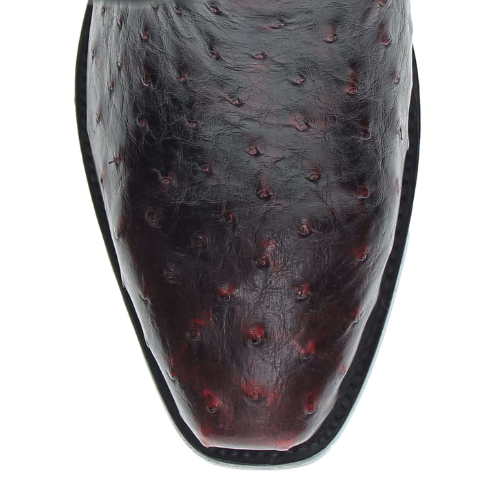 Mens black cherry leather western boots with narrow square toe and decorative stitching, featuring full-quill ostrich leather on the foot for added texture.
