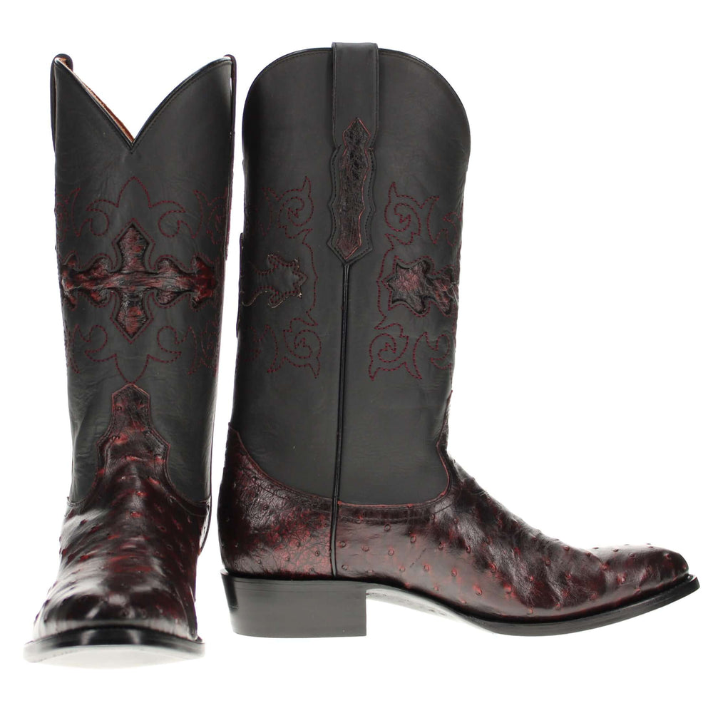 Mens black leather western boots with round toe and decorative stitching, featuring full-quill ostrich leather on the foot for added texture.