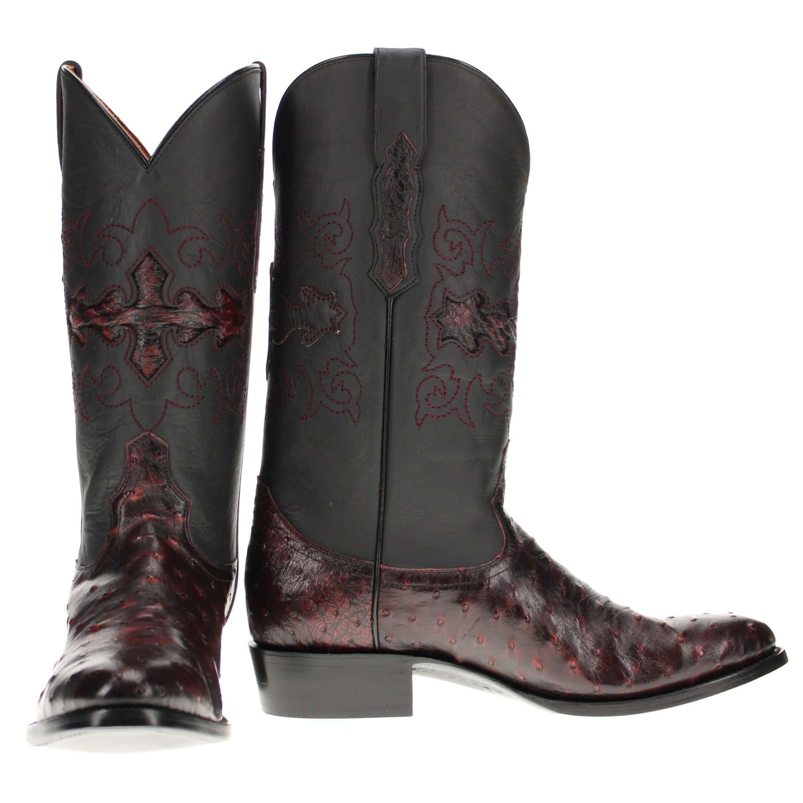 Mens black leather western boots with round toe and decorative stitching, featuring full-quill ostrich leather on the foot for added texture.